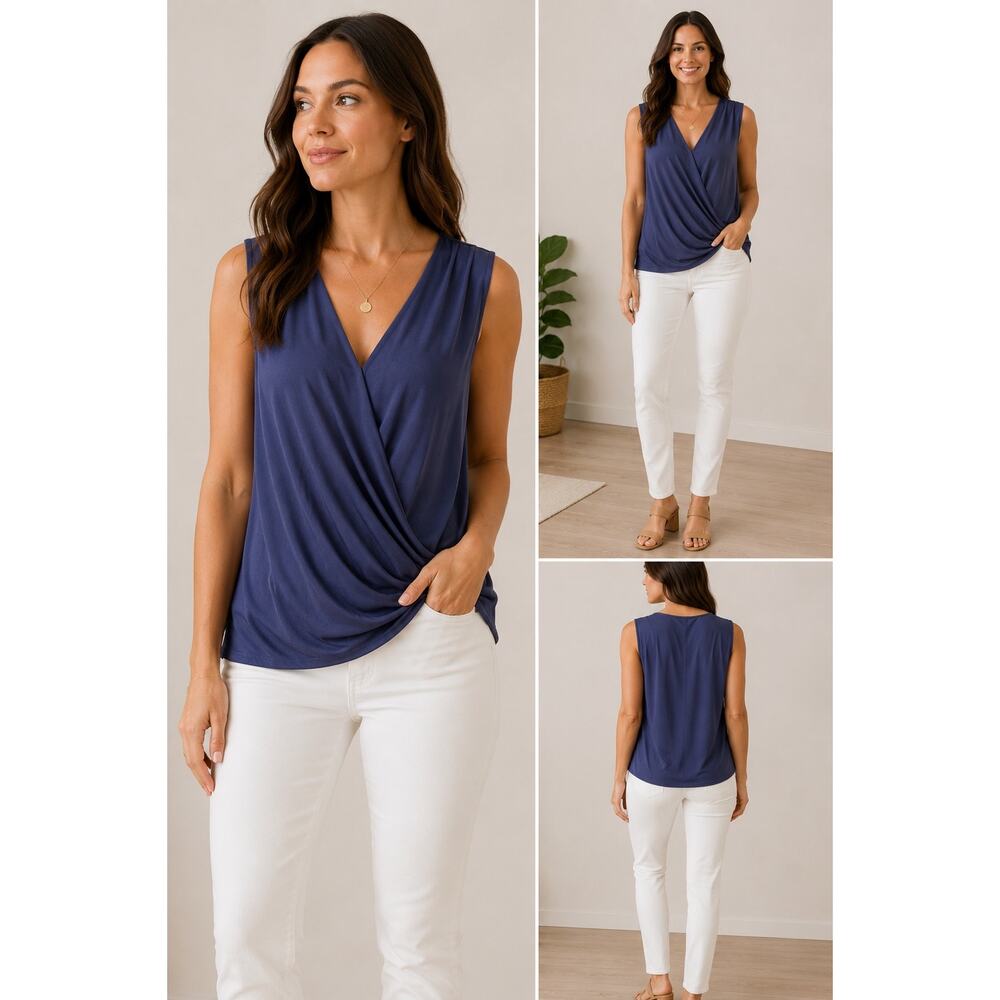 Brea Canyon Navy Draped Surplice Sleeveless Blouse XL NWT